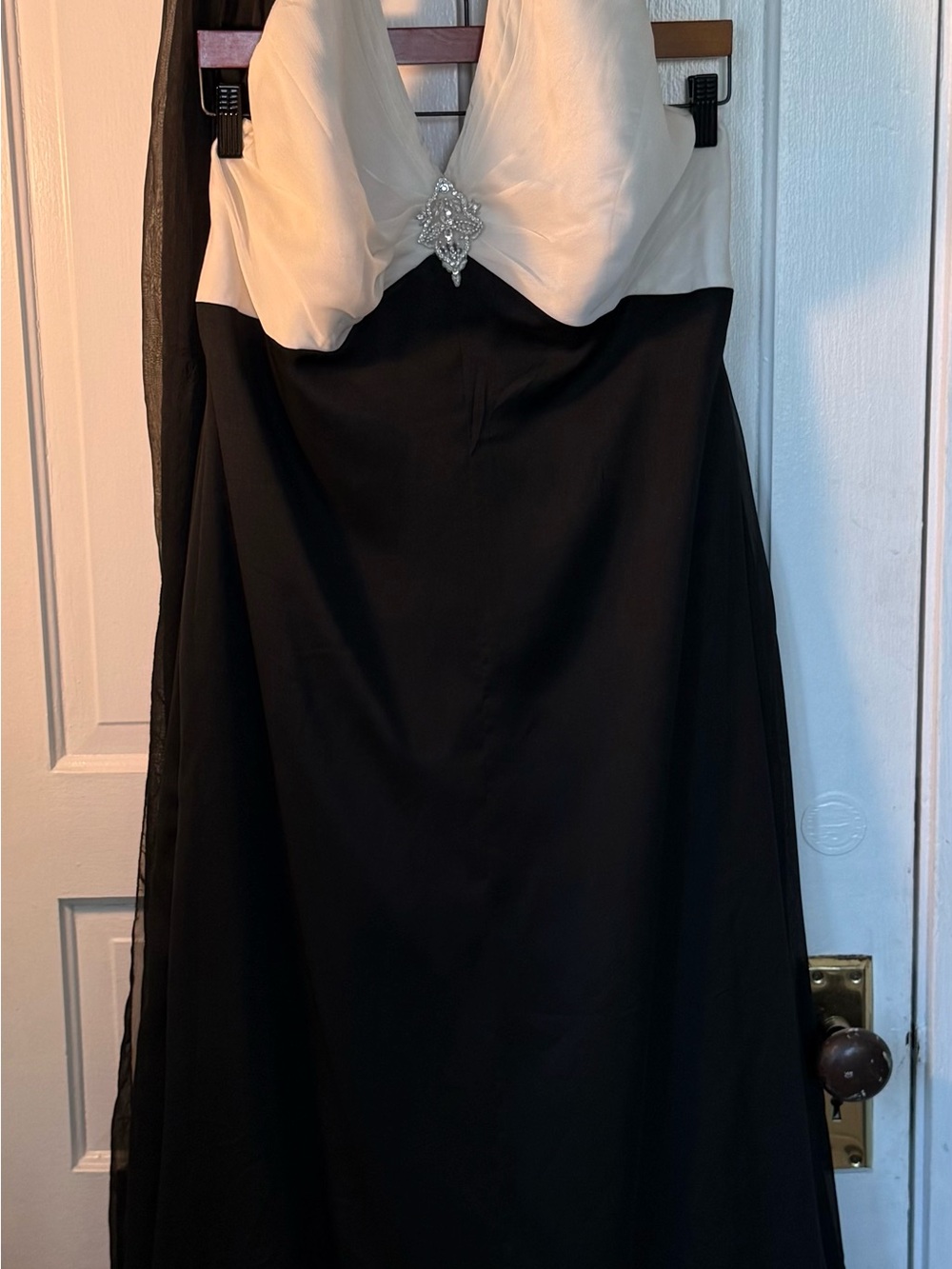 Backless Black and White Evening Dress with Crystal Accent
